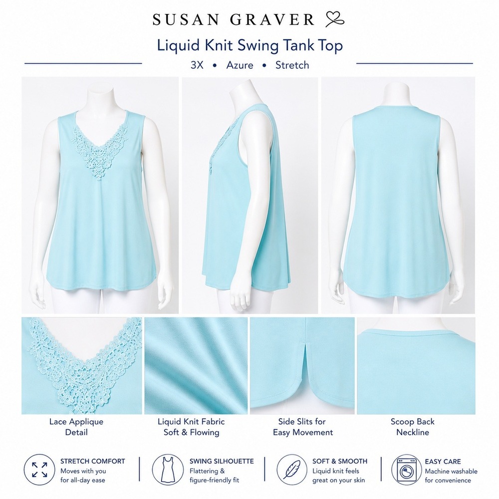 Susan Graver Women 3X Liquid Knit Swing Tank Top Azure Lace Applique A87176 NEW